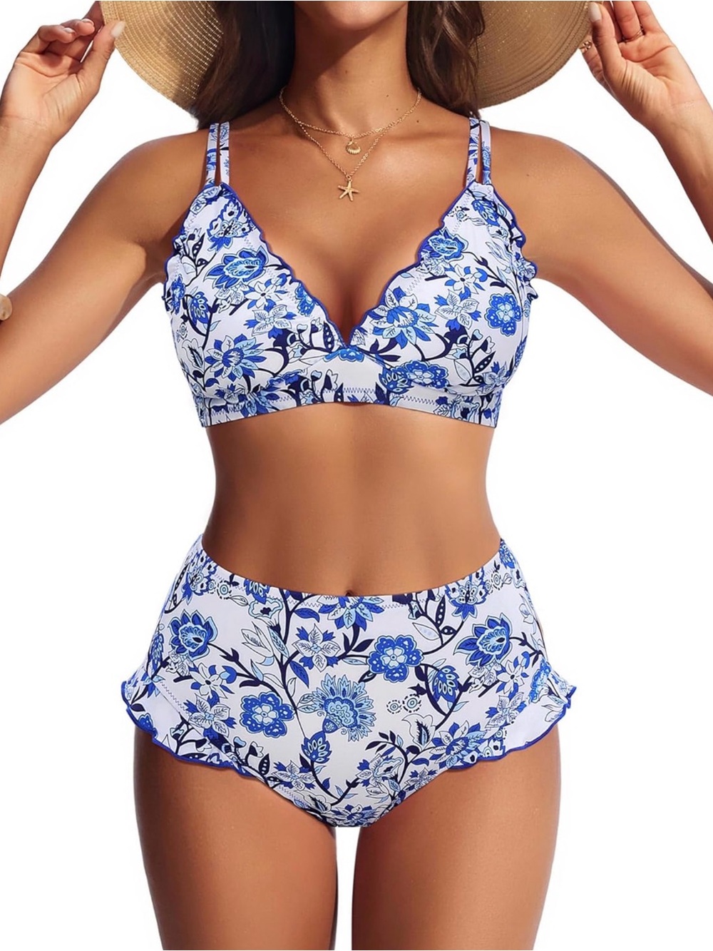 Floral Blue & White High-Waist Bikini Set